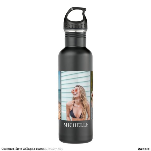Custom 3 Photo Collage & Name Stainless Steel Water Bottle