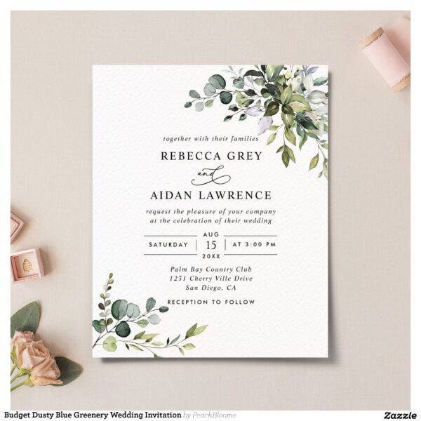 Budget Dusty Blue Greenery Wedding Invitation