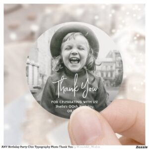 ANY Birthday Party Chic Typography Photo Thank You Classic Round Sticker