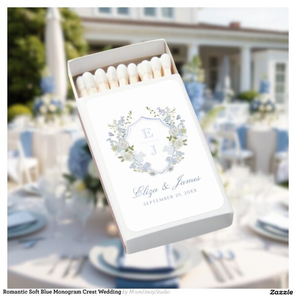 Romantic Soft Blue Monogram Crest Wedding Matchboxes
